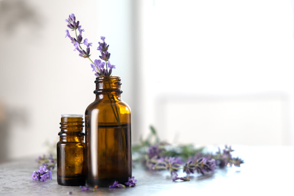 Lavender essential oil in a brown glass bottle with a lavender flowers on background Lavender essential oil in a brown glass bottle with a lavender flowers on background